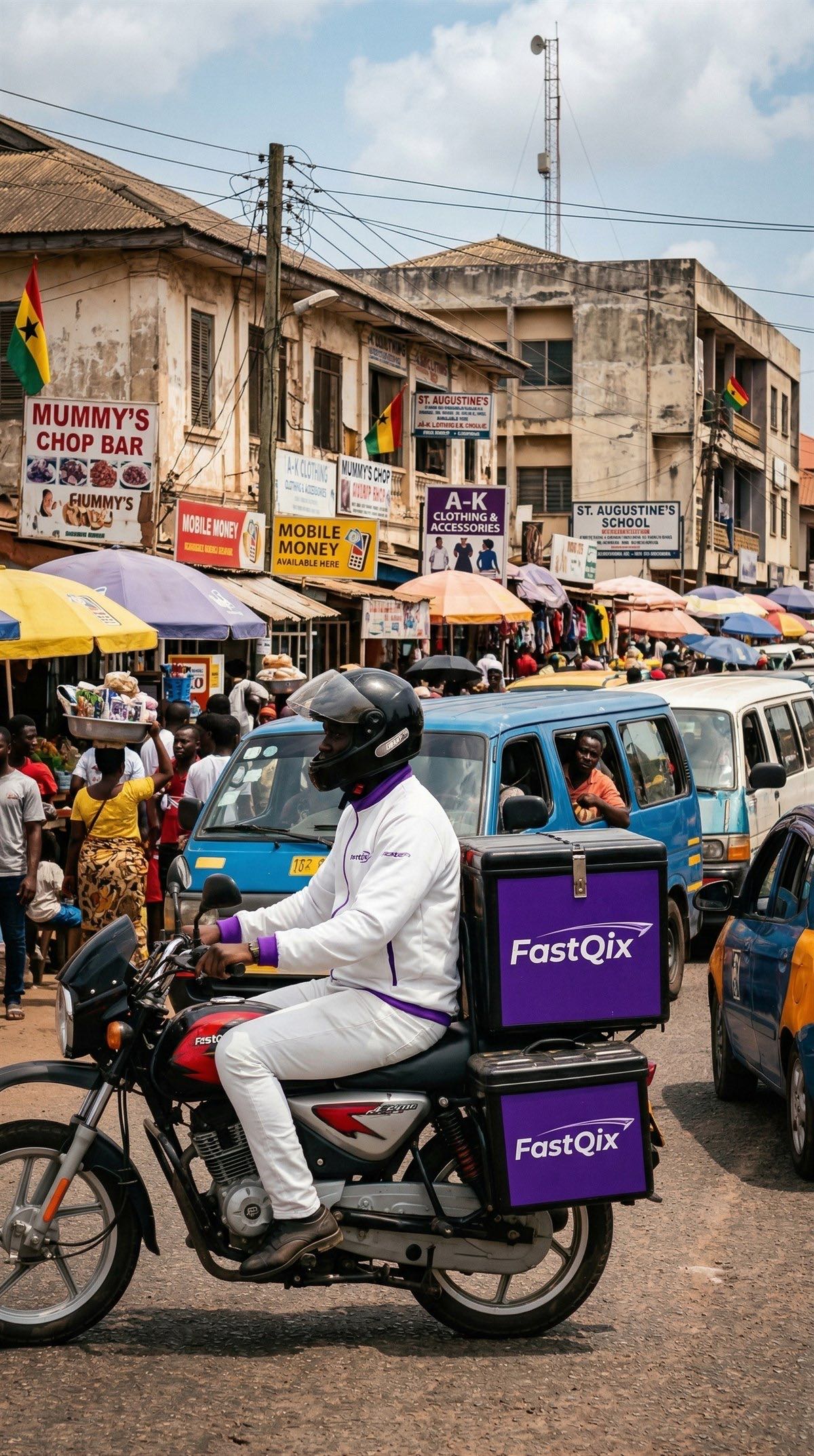 Editorial scene of a FastQix rider moving through a Ghana street
