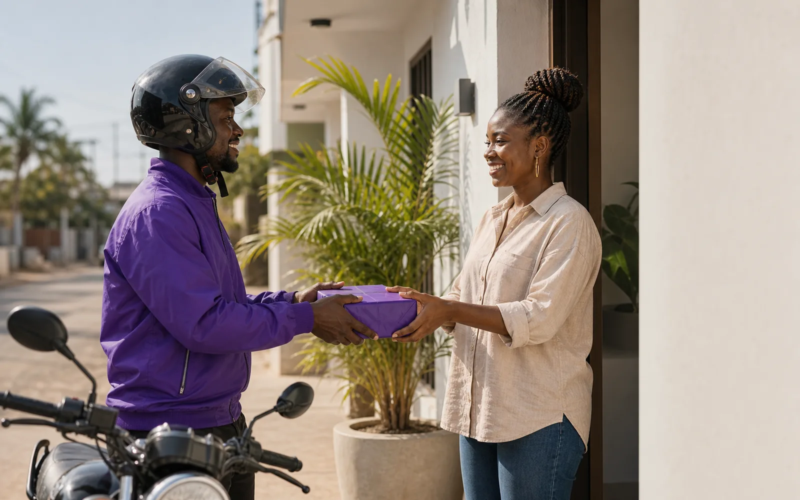 Editorial scene of a rider completing a careful parcel handoff