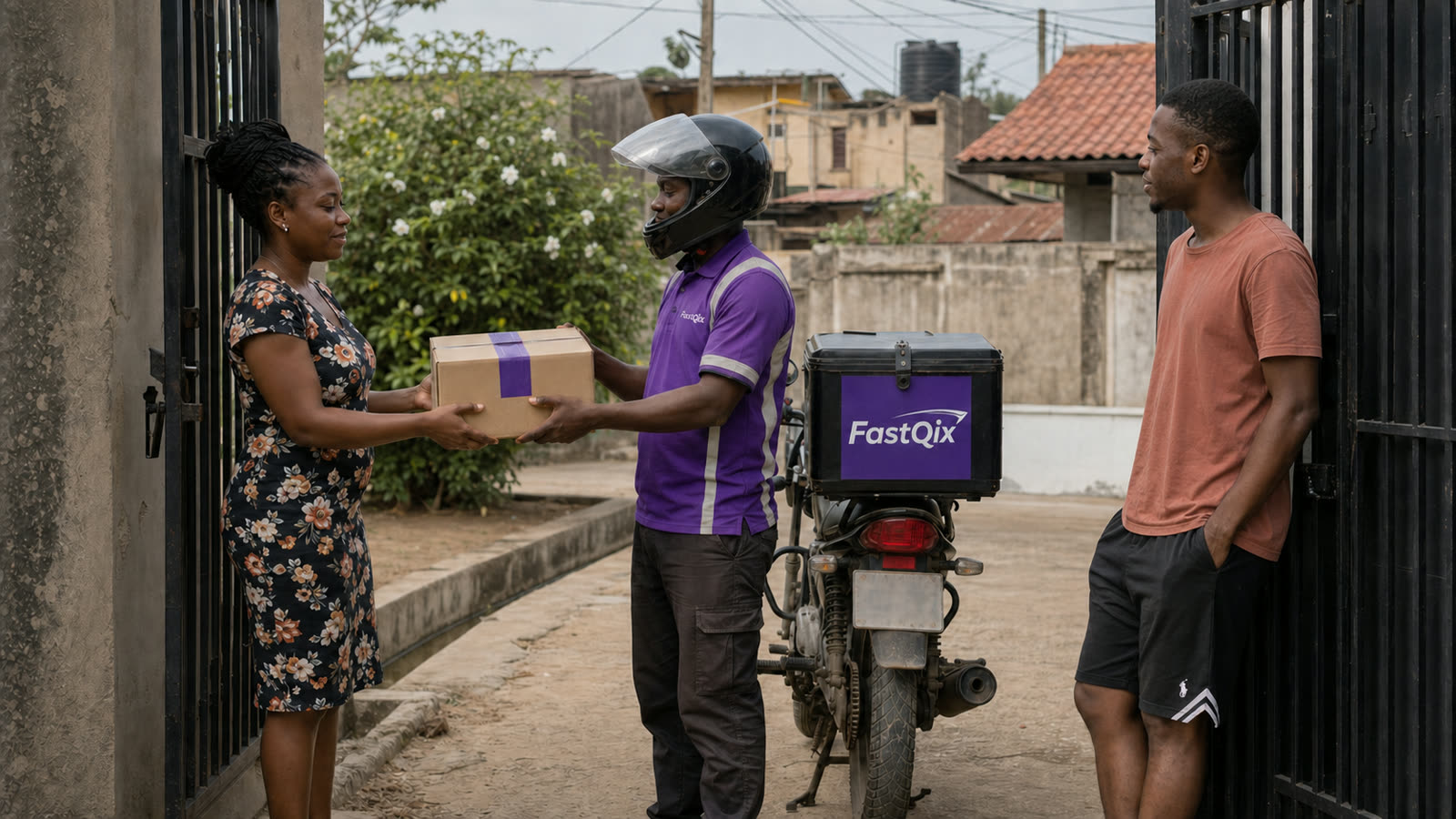 Editorial scene of a FastQix rider coordinating a friendly parcel handoff between a sender and recipient in Accra
